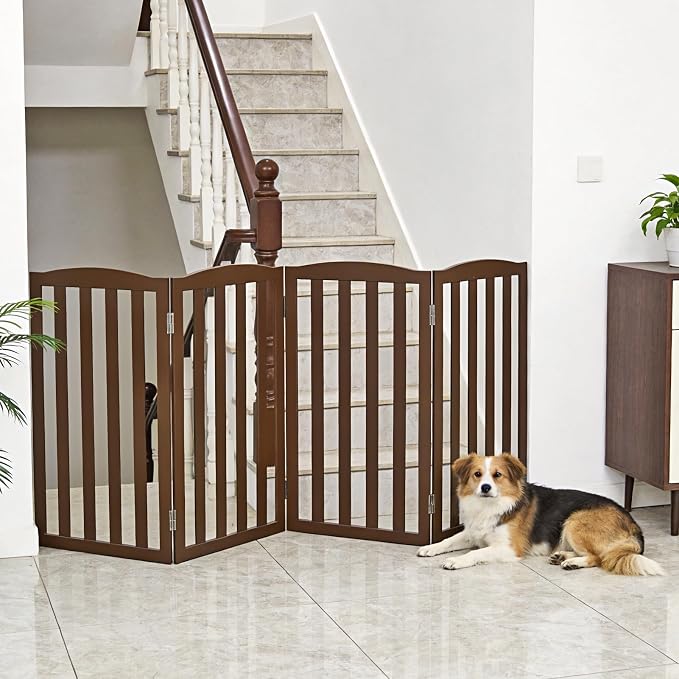 Freestanding Dog Gate Indoor,Doggie Gate Foldable Pet Gates for Doorways,Stairs or Hallways, Wooden Brown Pet Gate for the House, Pet Fence,32 "Height-4 Panels