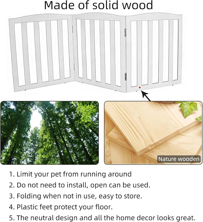Freestanding Dog Gate Indoor,Doggie Gate Foldable Pet Gates for Doorways,Stairs or Hallways, Wooden White Pet Gate for the House, Pet Fence with Support Feet Included,24 "Height-3 Panels