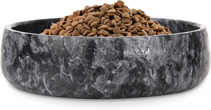 Marble Dog Bowl Natural Heavy Duty Pet Bowls Non-Slip Cat Food Water Bowl Stone Dish (Dark Grey, Large)