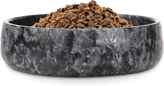 Marble Dog Bowl Natural Heavy Duty Pet Bowls Non-Slip Cat Food Water Bowl Stone Dish (Dark Grey, Large)