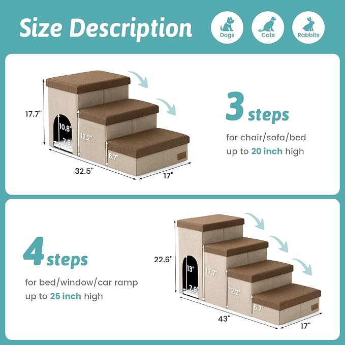 Dog Stairs with Storage, 4-Step Wider Sturdy Dog Steps for Small/Medium/Large Dogs and Older Cats, Doggie Ramp with Condo for Bed/Couch/Car Hold Up to 180 lbs (22.6" H, Brown)