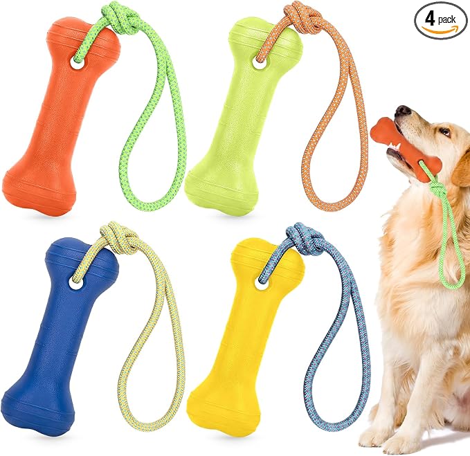 Skylety 4 Pack Floating Dog Toy with Rope Handle EVA Dog Bumper Throw Stick for Water Training Fetch Retrieving High Visibility Pool Water Toy for Beach Diving Pool Yard Summer Outdoor Play, Bone