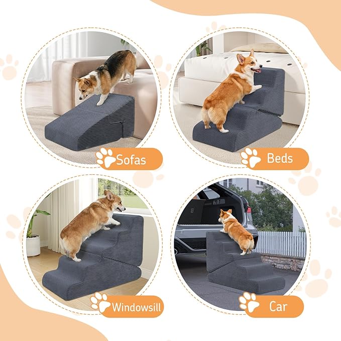 Dog Ramp for Bed, 16.5" H Dog Stairs for High Bed, 2 in 1 Pet Steps for Small Dogs, 3-Step Foldable Transformable Large Cats Ramp to Get on Couch, Non-Slip Balanced, Grey