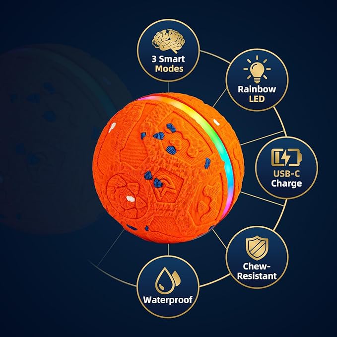 Interactive Dog Ball Toy, Durable E-TPU Material, 3 Play Modes with Colorful Lights, Automatic Moving, Bouncing and Rotating for Medium and Large Dogs Indoor & Outdoor (Orange)