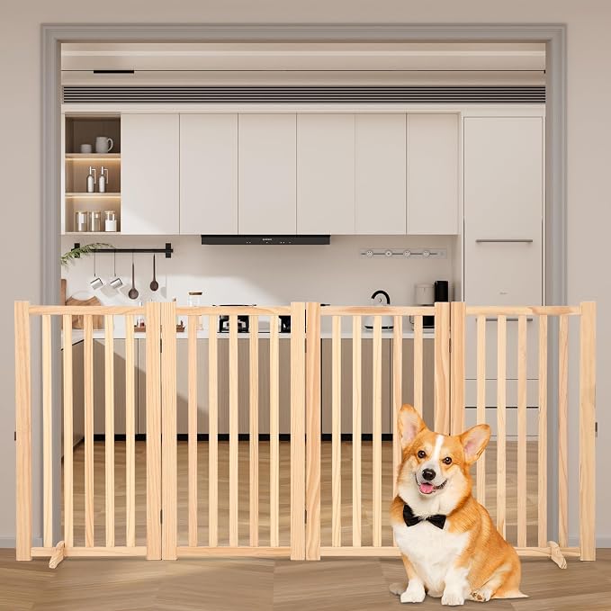 Wooden Freestanding Dog Gate, Foldable Pet Gate with Support Feet, Indoor Dog Fence for The House,Doorways, Stairs，Expandable Pet Fence -4 Panel H:36”