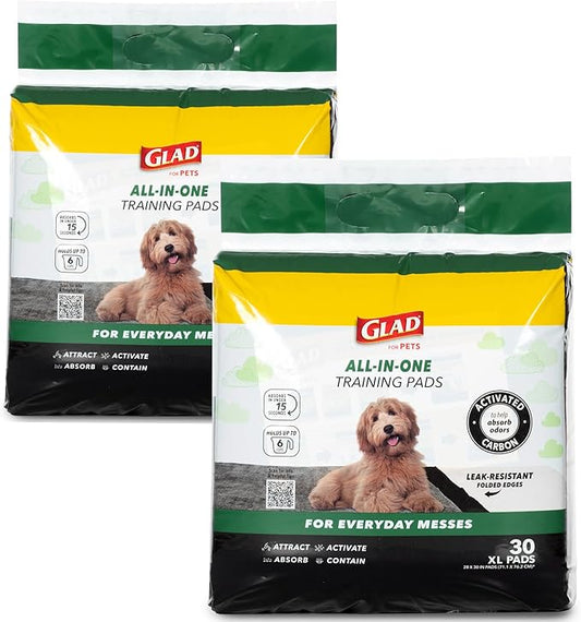 Glad for Pets Extra Large Charcoal Training Pads for Dogs and Puppies, Activated Carbon Odor Control, 6-Layer Absorbent Leak-Proof Pee Pads with Pheromone Attractant, 28 x 30 in, 30 Count - 2 Pack