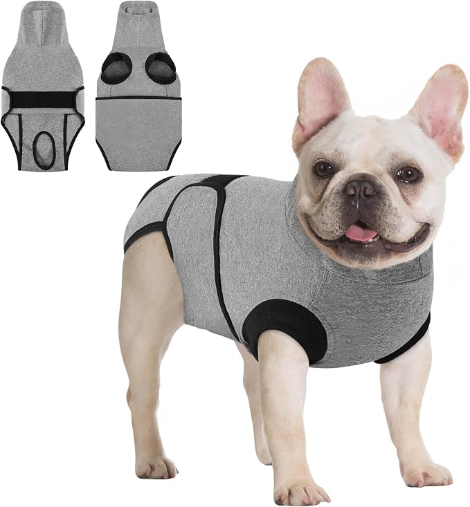 Queenmore Dog Recovery Suit, Soft Dog Surgery Suit for Female Male Dogs,Comfy Pet Surgery Recovery Shirt,Anxiety Relief Calming Vest with Ear Muffs,Grey,XS