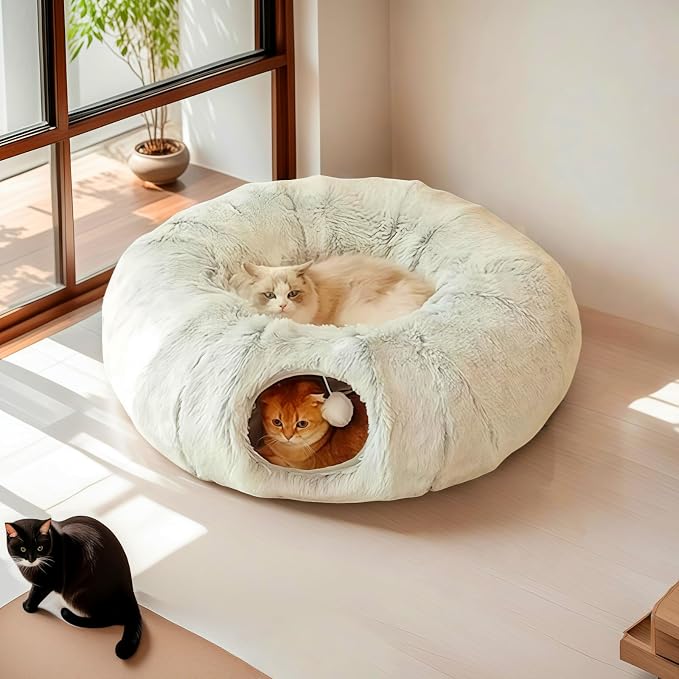 Cat Bed, cat Tunnel, Foldable Machine Washable Plush cat Bed, Grey (33.46 inches), with Hanging Toys, Suitable for Multiple