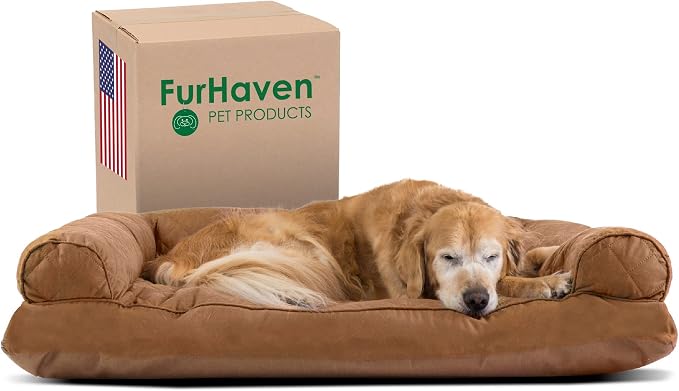 Furhaven Pillow Dog Bed for Large Dogs w/ Removable Bolsters & Washable Cover - Quilted Sofa - Toasted Brown, Jumbo/XL