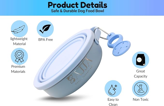 Blue Collapsible Travel Dog Bowl – BPA-Free Silicone & 18/8 Stainless Steel, Portable Non-Slip Food & Water Bowl with Handle, Bottle/Poop Bag Holder – Claim Your