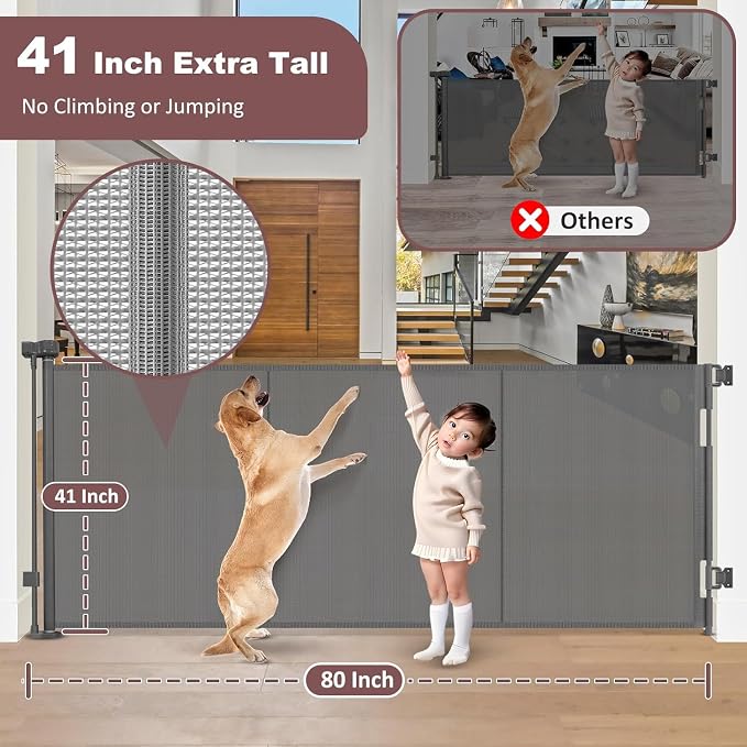 GRENFU Reinforced 41 Inch Extra Tall Pet Gate, 80 Inch Extra Wide, Retractable Baby Gate with Support Rods, Gray, Metal Frame with Mesh Fabric, Ideal for Dogs and Babies