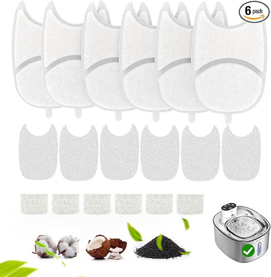 Cat Water Fountain Filter,6 Pack FS11PRO Cat Fountain Filter Replacement, 6 PCS Filters & 6 PCS Sponge Set for Stainless Steel Cat Dispenser,6 Layer Filters for Pet Fountain