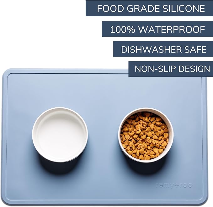Remy+Roo Dusty Blue Silicone Dog Food Mat for Pet Bowl | 23.6" x 15.7" | 100% Waterproof | Non-Slip | Dishwasher Safe