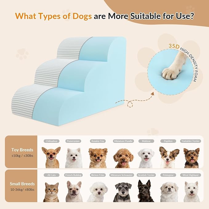 Dog Stairs for Couch and Chair,15.7" H 3-Step Pet Steps for Small Dogs and Cats, Non-Slip Sturdy Dog Ramp with Anti-Tip Safety Strap and Washable Cover,Balanced Ramp Indoor Pet Stairs