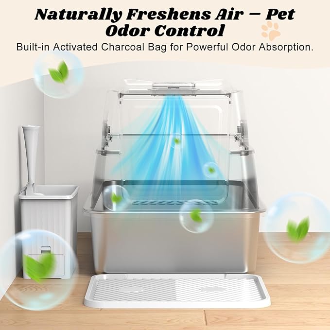 Stainless Steel Litter Box with Lid | Extra Large Enclosed Cat Litter Box for Big Cats | High Sided Metal Litter Boxes | 100% Anti-Urine Leakage | Odor Control | Non-Stick with Litter Scoop Set & Mat