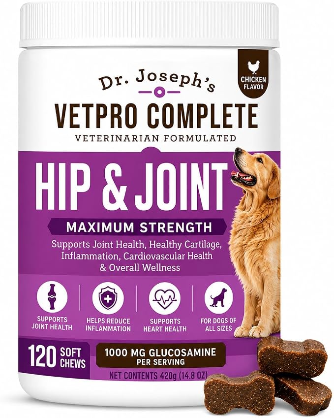 Dr. Joseph's VetPro Complete Dog Hip & Joint Wellness Supplement – High-Strength Glucosamine, MSM, Omega & Chondroitin Chews and Breeds – Vet Formulated Chicken Dog Treat - 120 Count