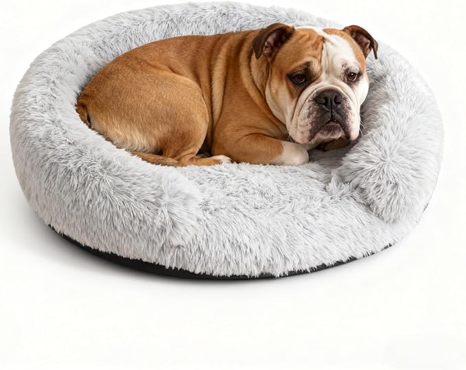Calming Dog & Cat Beds with Orthopedic Egg-Crate Foam Raised Rim, Soft Fluffy Faux Fur Pet Bed for Small Medium Dogs, Anxiety Relief Spine Support, Machine Washable (Round, Pale Grey 23")