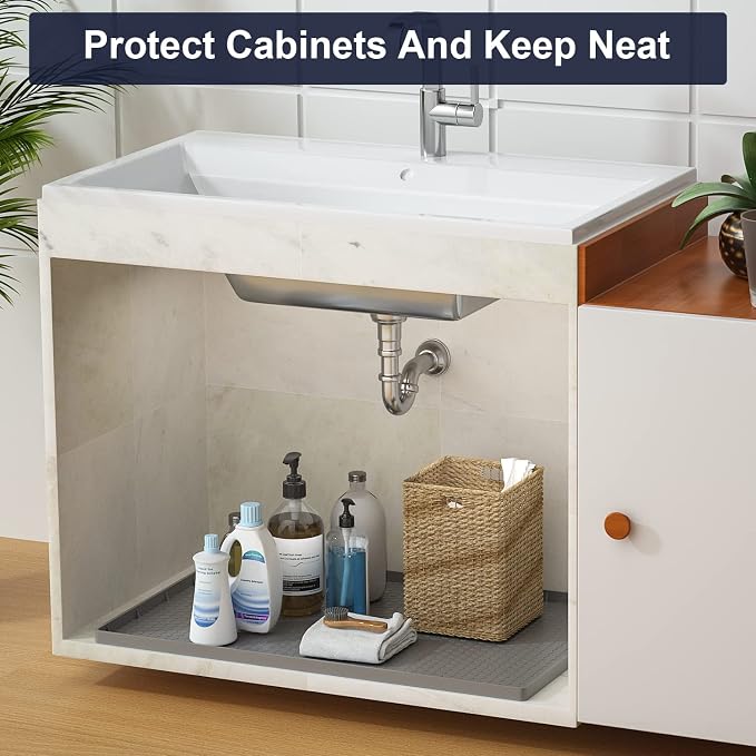 Under Sink Mats for Kitchen Waterproof - 22" x 19" Waterproof Kitchen Cabinet Mat - Flexible Silicone Under Sink Liner - Bathroom Cabinet Mat and Protector for Drips Leaks Spills (Gray)