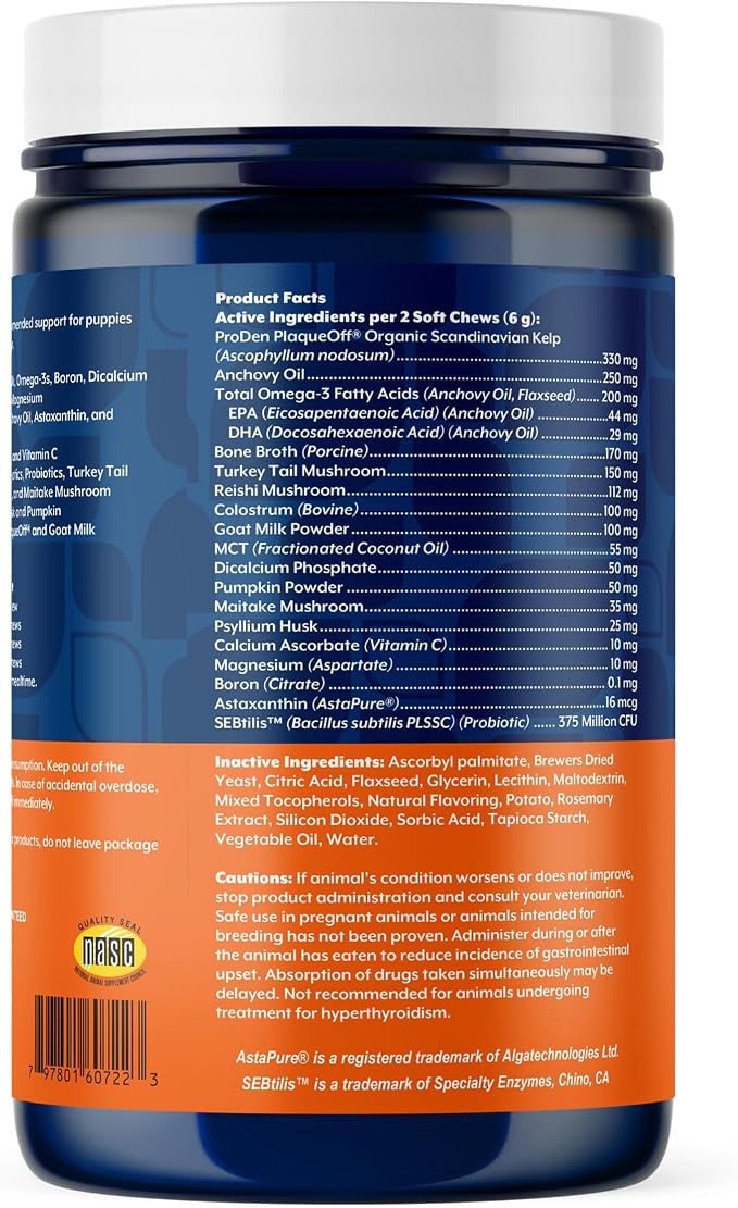 NaturVet All-In-One Puppy Daily Care, 6-In-1 Support Dog Soft Chews to Help Bones, Joints, Digestion, Teeth, Cognition, and More, Hickory Smoked Bacon Flavored Pet Supplement for Puppies, 60 Count Jar