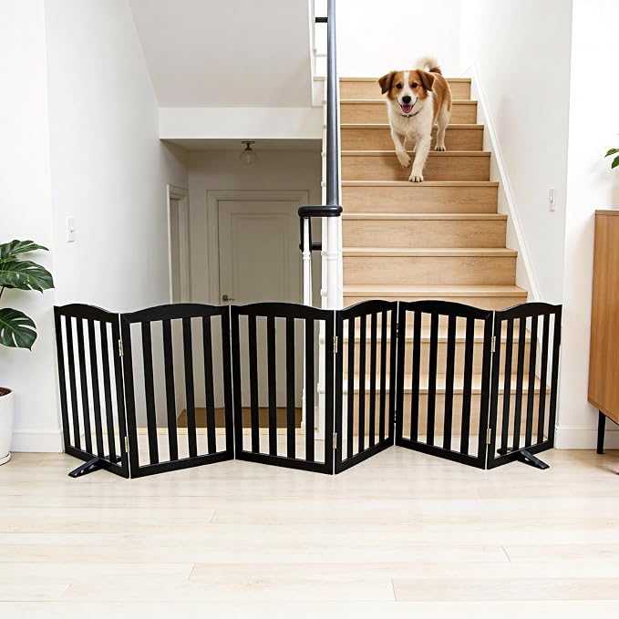 ZJSF Foldable Freestanding Indoor Dog Gate for House Wood White Long Pet Gates Dog Fence for Stairs Puppy Gates for Hallways, Puppy Gate,Support Feet Included, Black, 24 "Height-6 Panels