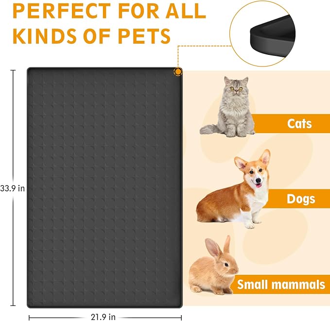 Extra Large Silicone Dog Food Mat 33.9"x21.9" – 0.27" Raised Edge Waterproof Pet Feeding Mat, Non-Slip Placemat for Multiple Bowls, Auto Feeders, Cat Fountains, Dishwasher Safe (Black/Gray)