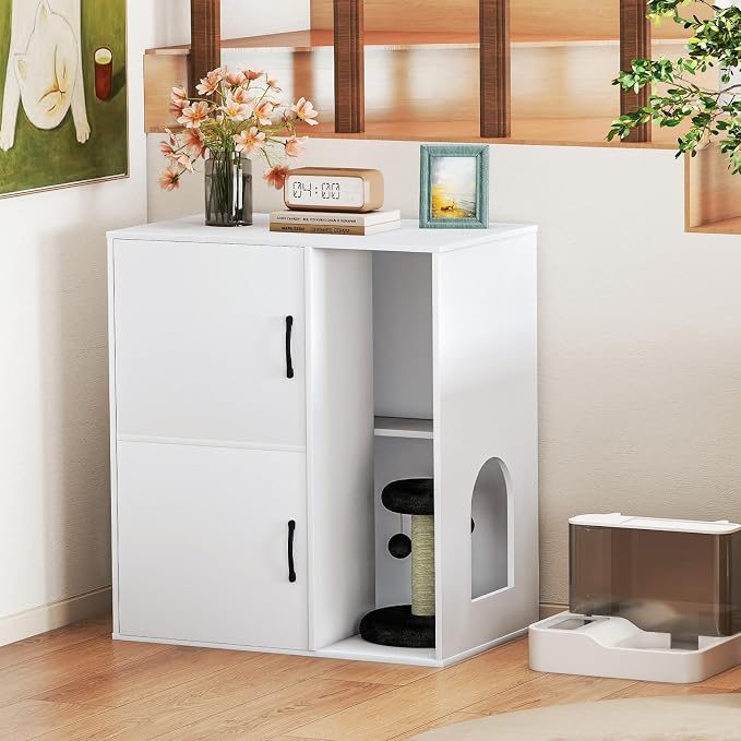 Rovibek Double Cat Litter Box Enclosure,Two Tier Hidden Litter Box Furniture for 2 Cats with Scratching Post and Storage, Dual Cat Litter Cabinet for 2 Litter Boxes, White