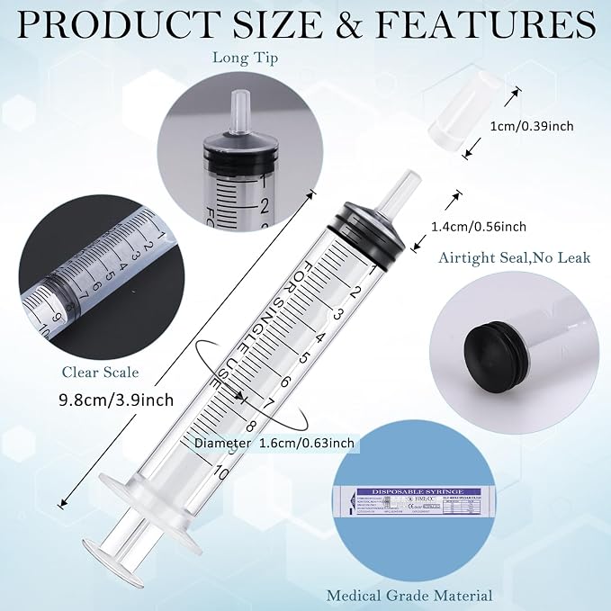 10ml Syringes Bulk 200 Pack Plastic Large Syringe with Tip Cap, Measuring Oral Syringe for Scientific Labs, Feeding Pets, Measurement,Refilling, No Needle, Individually Sterilized Sealed