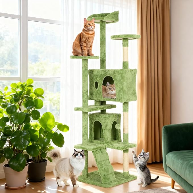 BestOffice 70 Inch Cat Tree, Multi-Level Cat Tower with Condo, Perches, Sisal Scratching Posts, Climbing Ladder,Indoor Activity Center Play House for Kittens & Adult Cats, Green