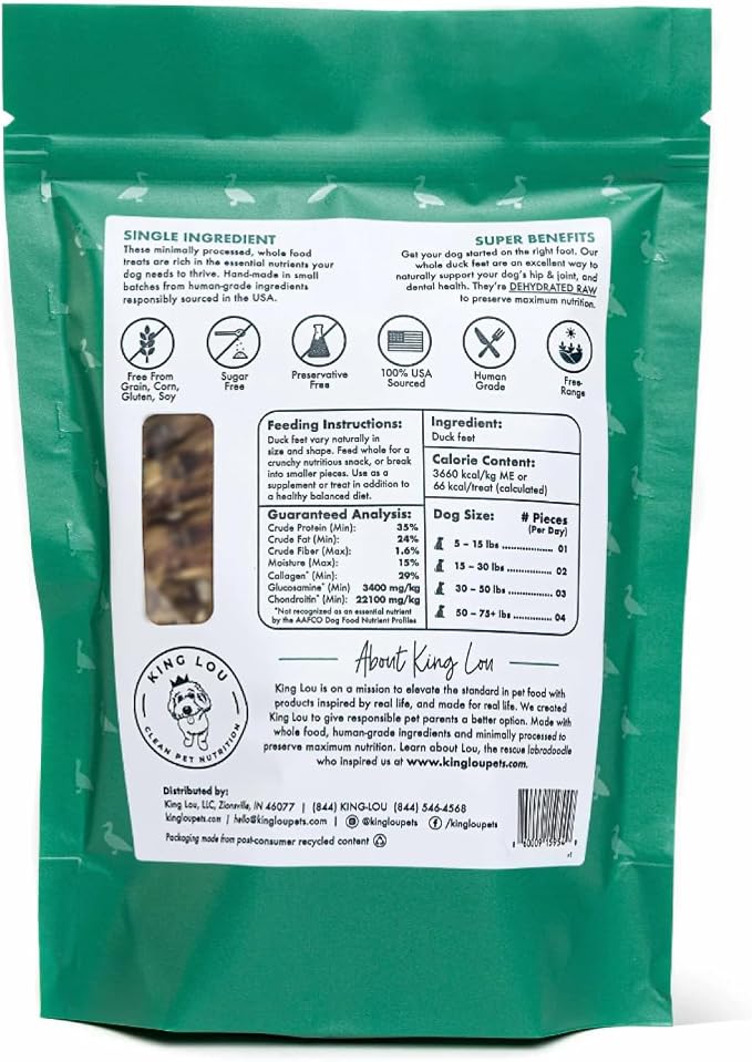 King Lou Pets Whole Duck Feet for Dogs, Single-Ingredient, Dehydrated Duck Feet Dog Treats, Human-Grade, Crunchy Dental Chews for Canine Hip & Joint Support, 10 Count