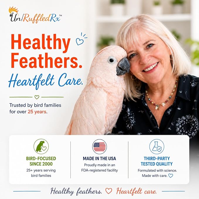 UnRuffledRx FeatherUp! Bird Molting Support & Feather Growth Supplement - for Plucking, Regrowth & Molt - Multivitamin & Amino Acids for All Birds - 90g (240 Servings)