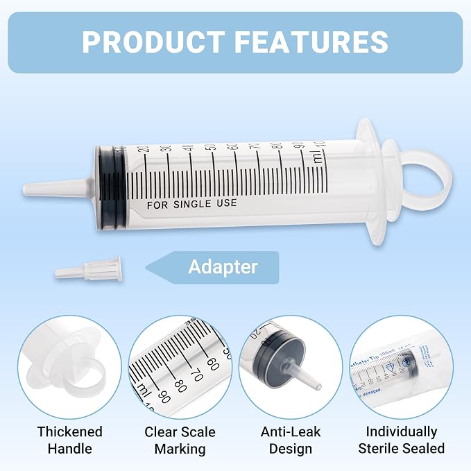 100ml Large Syringe, Plastic Syringes for Liquid with Tip Adapter, Epoxy Syringe for Scientific Labs, Oil Transfer, Plant Watering & Refilling, Individual Sealed, 5 Pack