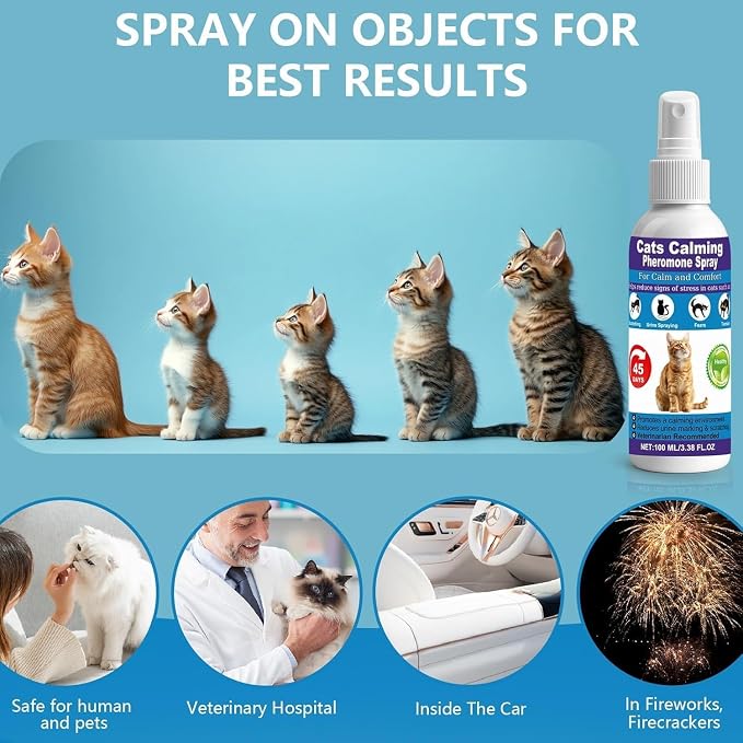 Cat Calming Pheromone Spray for Stress & Anxiety Relief – Reduces Scratching, Urine Spraying, Hiding – Drug-Free & Vet Recommended – Feline Calm Spray with F3 Facial Pheromone 2 * 100mL 8.9oz