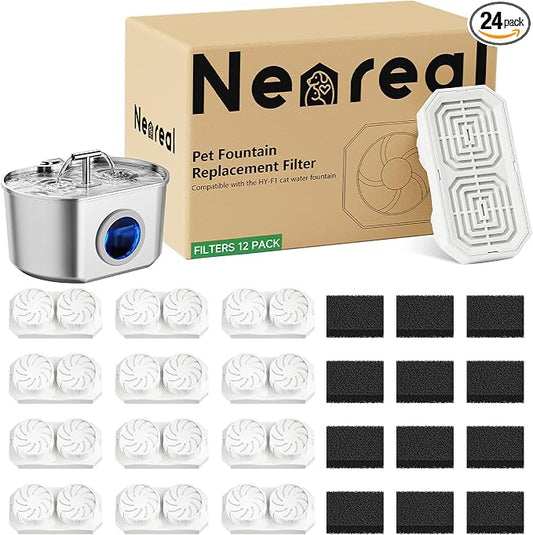 Neareal Official Cat Fountain Replacement Filters & Pre-Filter Sponges for 74oz/2.2L Stainless Steel Pet Water Fountain (12 Pack)