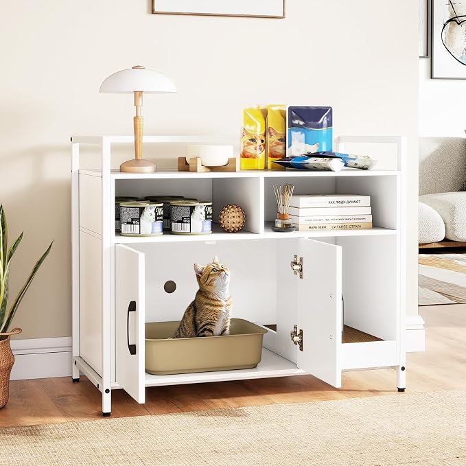 Tangkula Litter Box Enclosure, Enclosed Cat Box Cabinet with 2 Storage Compartment, Metal Frame, Scratching Board, Hidden Cat Washroom, Modern Litter Box Furniture for Indoor Kittens