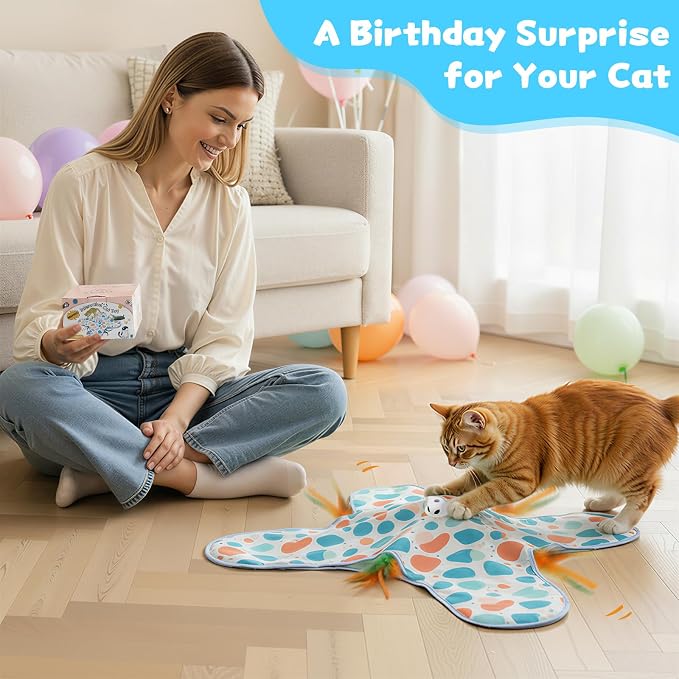 Interactive Cat Toys, Hide and Seek Cat Toy, 2 in 1 Automatic Moving Concealed Feathers for Indoor Cats, Non-Slip Suction, Touch Activated, USB Rechargeable, Blue