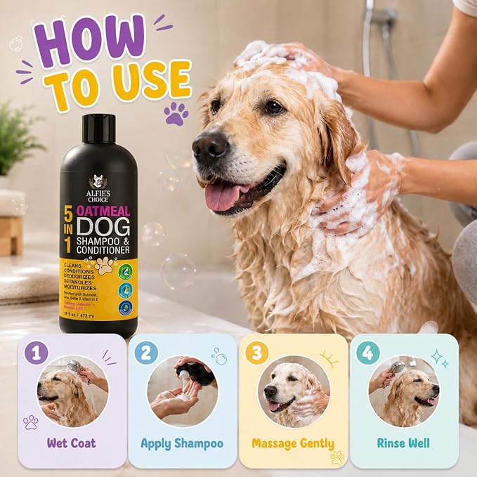 Oatmeal Dog Shampoo and Conditioner for Itchy Skin Relief | Puppy Shampoo for Sensitive Skin 5-in-1 | Cleans, Deodorizes & Detangles | Dog Wash for All Breeds | 16 fl oz | ALFIE'S CHOICE