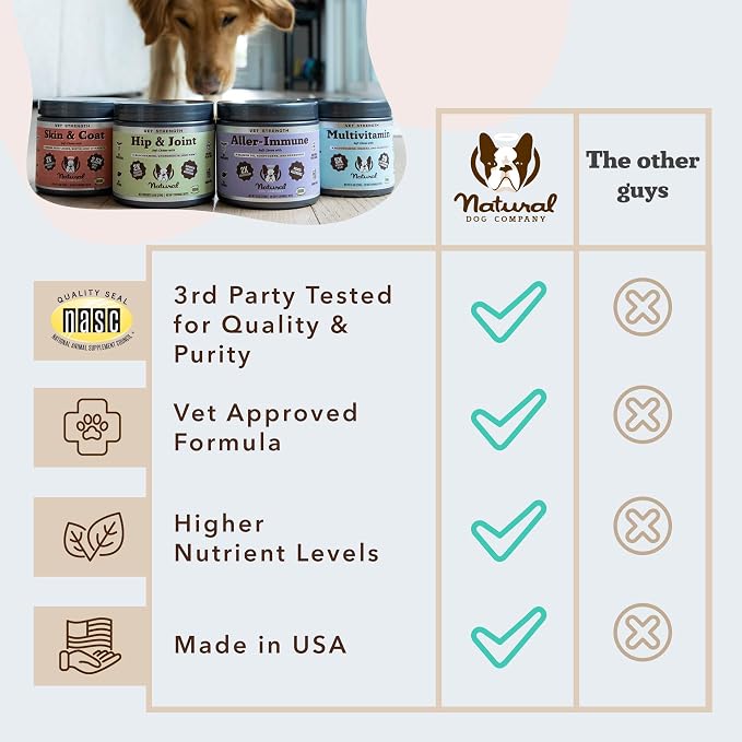 Natural Dog Company Vet Strength Omega Skin & Coat Chews for Dogs – Supports Itchy Skin Relief, Moisture Balance & Coat Hydration, Biotin & Vitamin E, Dry Skin Care, Vet-Recommended, USA Made, 90 Ct