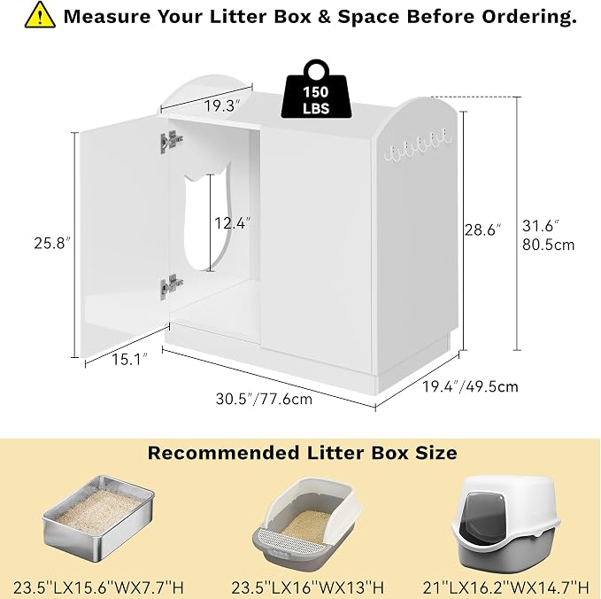 DWVO Large Hidden Litter Box Furniture with Hooks, Modern Cat Litters Box Enclosure for M/L/XL Litter Boxes, Wooden Secret Cat Cabinet, High-Gloss White