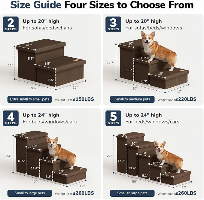 3-Step Wide Dog Stairs with Storage 18" H, Non-Slip Sturdy Pet Steps for High Bed Couch Window, Pet Stairs for Small/Medium/Large Old Dogs Cats Up to 200lbs, Cat Dog Steps for Car/SUV, Coffee