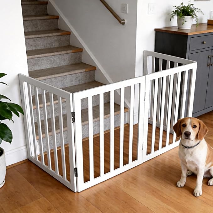 Dog Gate Indoor, Freestanding Dog Fence for The House, Doorways, Hallways,or Stairs,Pet Gate Foldable Wooden,Expandable 32" Height 2 Panels,White