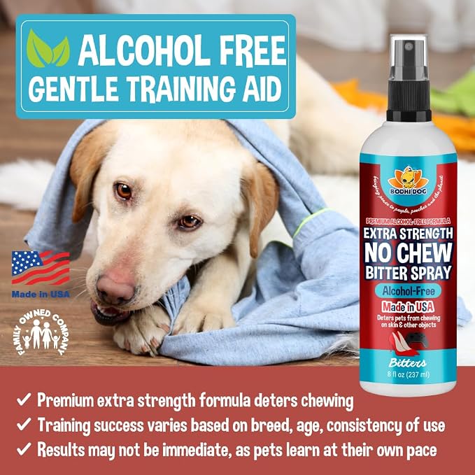 Bodhi Dog Bitter 2-in-1 No Chew & Hot Spot Spray (Alcohol Free) - Natural Anti-Chew Remedy Better Than Bitter Apple - Soothes Hot Spots, Deters Chewing - Safe for Skin, Wounds & Furniture (8 Fl Oz)