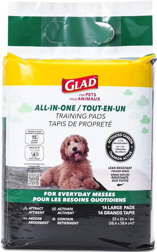 Glad for Pets Black Charcoal Puppy Pads 23x23 Inch 6-Layer Leak-Resistant Activated Carbon Odor Control Pheromone Attractant 14 Count