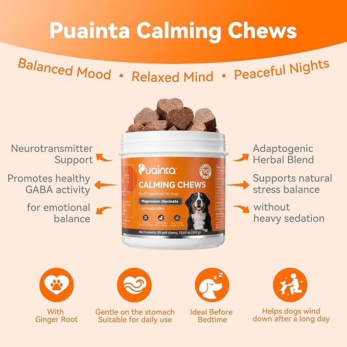 PUAINTA Dog Calming Chews – Magnesium Glycinate & Melatonin for Dogs, 4 Herbal Ingredients for Anxiety Relief, Stress & Travel Support, Chicken Flavor (90 Count)