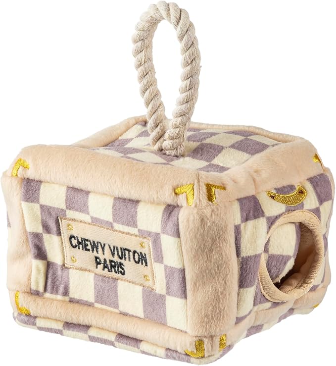 Haute Diggity Dog Chewy Vuiton Trunk Puzzle with 3 Plush Squeaky Dog Toys, Soft Durable Designer-Inspired Stuffed Puppy Chew Toys for Small & Medium Dogs, Machine-Washable (Tan Checker) One Size