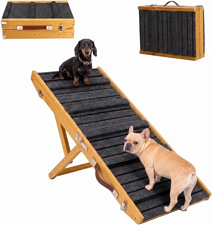 Dog Ramp for Couch & Bed for Dogs, Foldable Small to Large Dog Ramps for Sofa - 39.4" LX15.7 W, 5 Adjustable Height, Portable, Wider and More Stable, Non-Slip, Carry Handle, Walnut