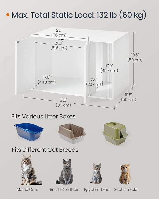 SONGMICS HOME Cat Litter Box Enclosure, Snapsemble Superfast Assembly, Litter Box Furniture for Large Cats, Display Side Table, Push-to-Open Doors, Minimalist Modern, Snow White UPCL013W01