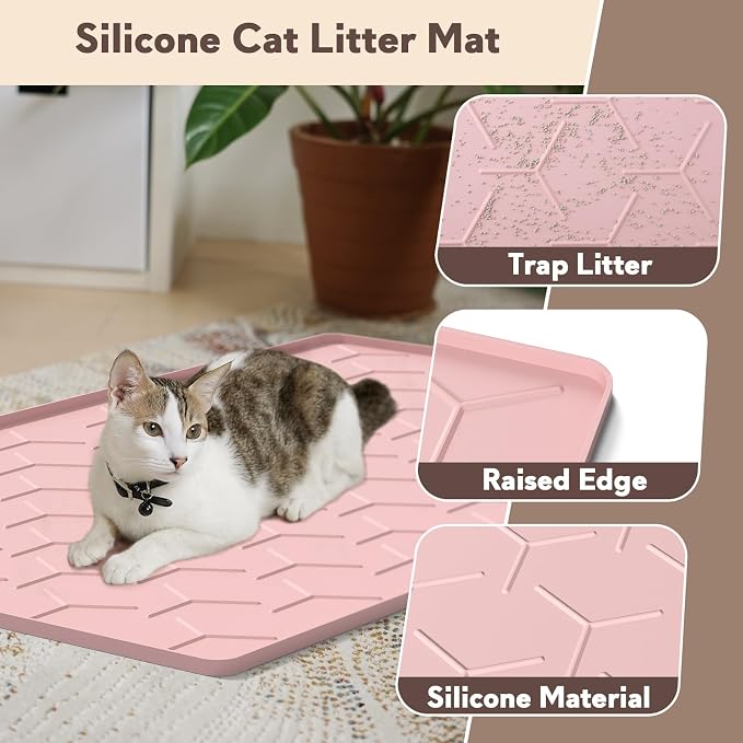 Garoopion Silicone Cat Litter Trapping Mat, Large Waterproof 34" X 22" Cat Litter Box Mat, Easy to Clean, Pink