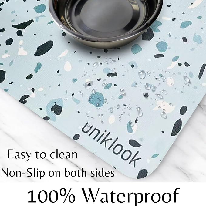 Large Pet Placemat Food & Water, Dog Cat Food Mat for Pet Bowls 28" X 16.5" Waterproof Easy to Clean Dog Mat for Bowl Food Water Terrazzo Blue Uniklook
