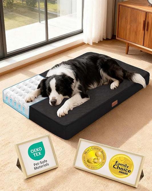 OhGeni Orthopedic Waterproof Dog Bed for Medium Large Dogs, Machine-Washable Removable Cover in Easy-Clean Fabric, Reversible Memory Foam & Easy-Carry Handle, Suitable for Crate, 35 inch (Black)