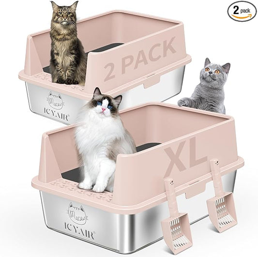 2PACK Stainless Steel Cat Litter Box with High Sides Lid, XL Litter Box for Big Multiple Cats, Extra Large Metal Kitty Litter Boxes with Anti-Leakage Enclosure, Non-Stick,Odorless,Scoop Included